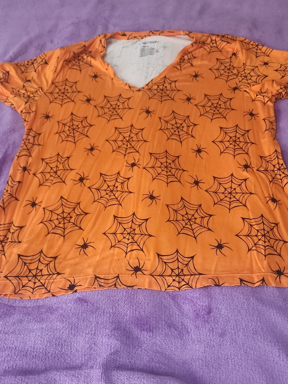 Women's Orange Spiderweb V-Neck Top - Halloween Print